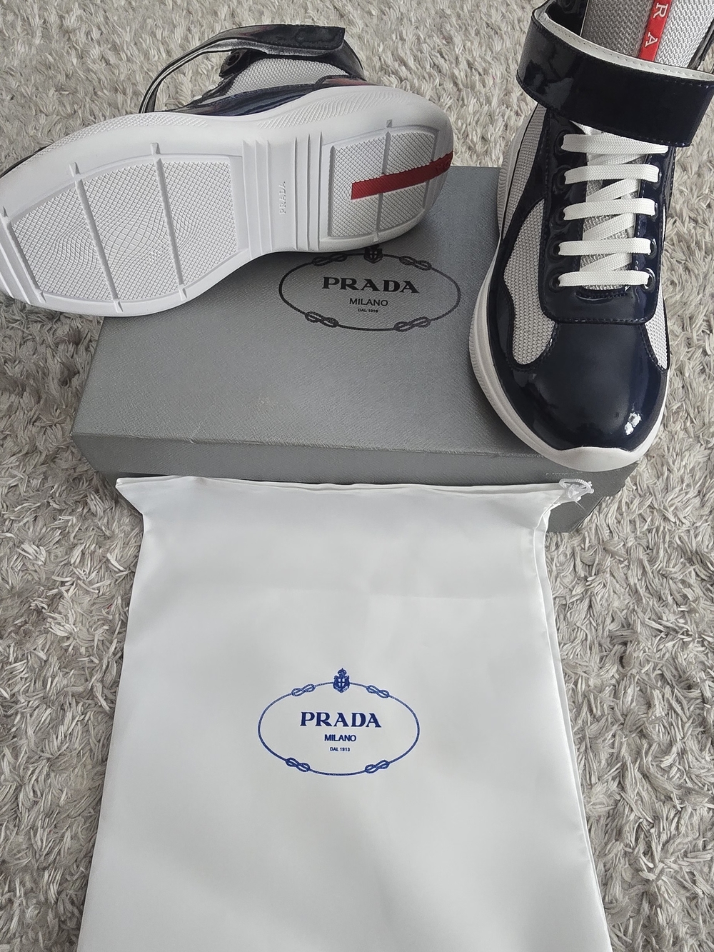Prada Men’s Navy and White High-Top Sneakers